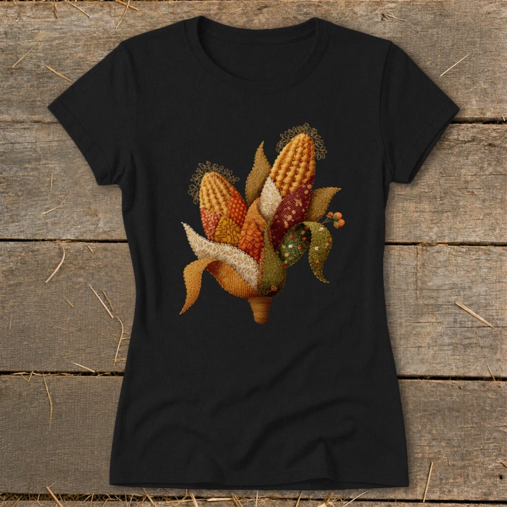 Black t-shirt with embroidered corn husk and kernels design.