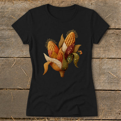 Black t-shirt with embroidered corn husk and kernels design.