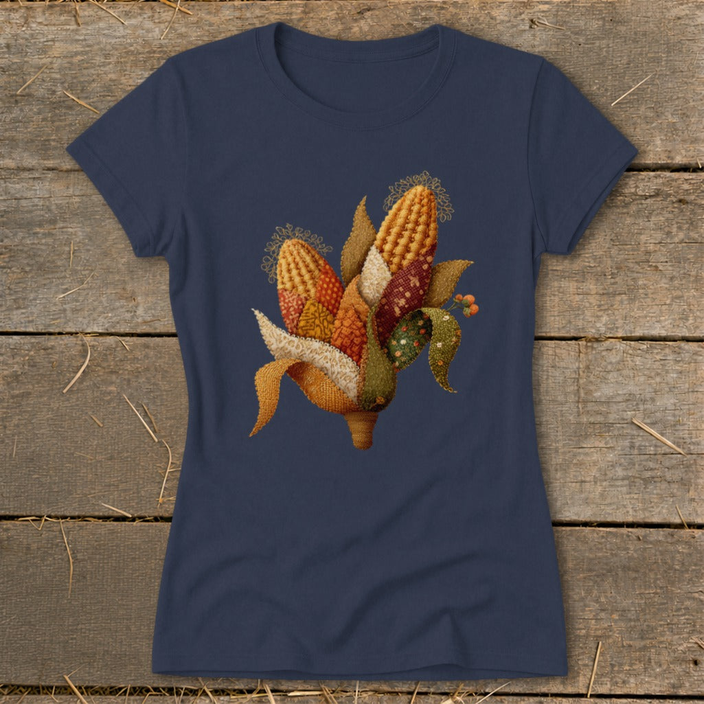 Navy t-shirt with a stitched cornucopia of colorful Indian corn and leaves.
