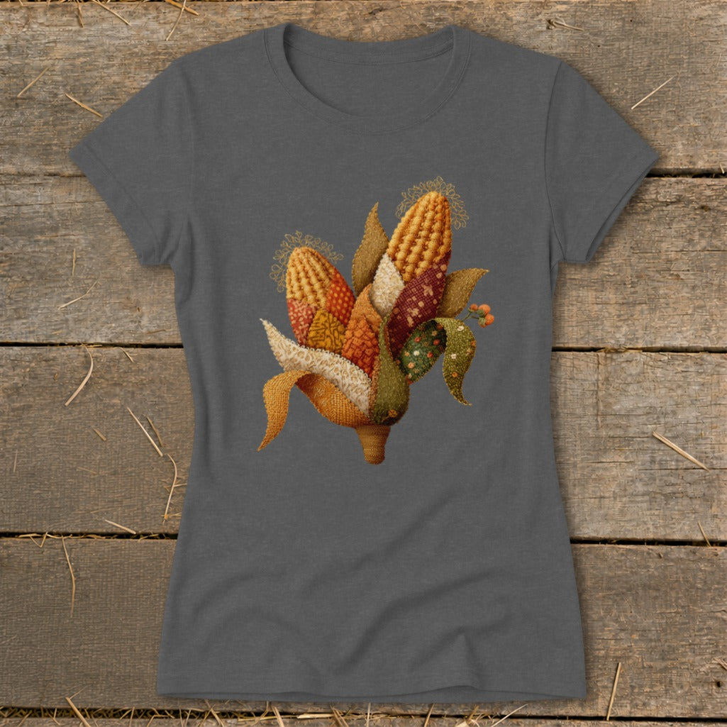 Dark gray t-shirt featuring a cross-stitch style cornucopia design with multiple ears of corn.
