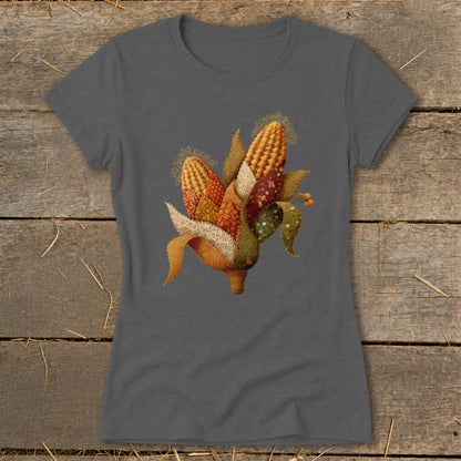 Dark gray t-shirt featuring a cross-stitch style cornucopia design with multiple ears of corn.