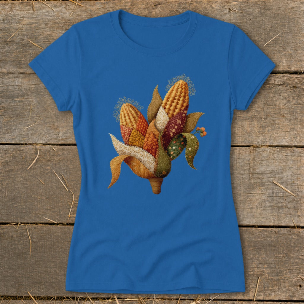 Royal blue t-shirt with an embroidered cornucopia of colorful corn stalks.