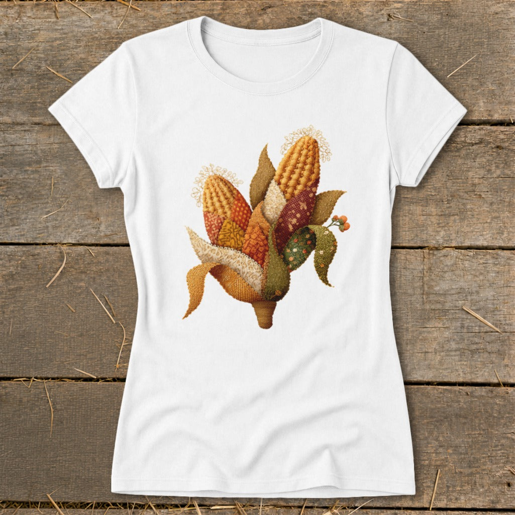 White t-shirt with a stitched cornucopia design of colorful corn ears.