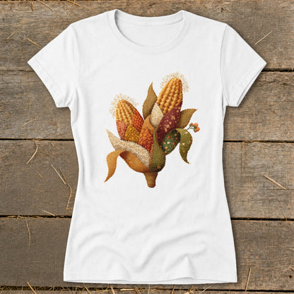 White t-shirt with a stitched cornucopia design of colorful corn ears.