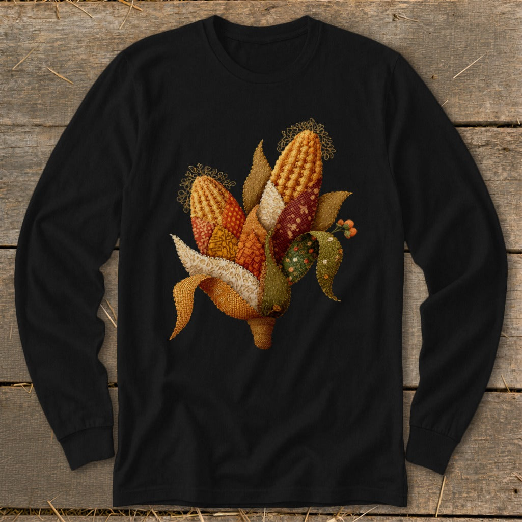 Black long sleeve shirt with a colorful patchwork corn illustration on front.