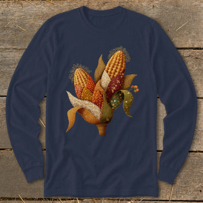Navy long-sleeve shirt with a textured corn husk and corn kernel graphic.
