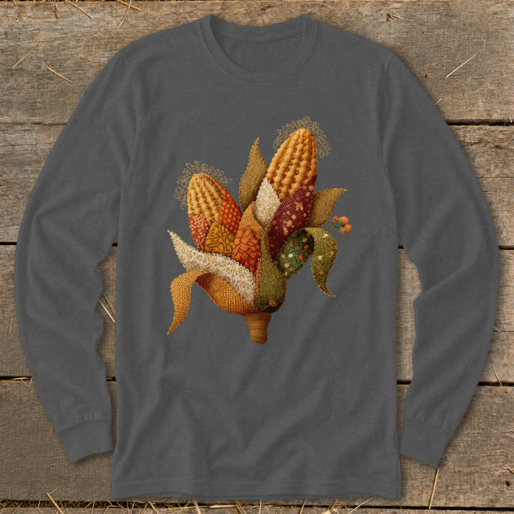 Long-sleeve charcoal t-shirt with a decorative embroidered corn motif.