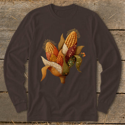 Long-sleeve t-shirt with a decorative arrangement of colorful, textured corn ears.