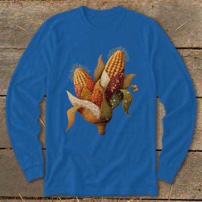 Blue long-sleeve shirt with a decorative embroidery of multiple corn cobs.