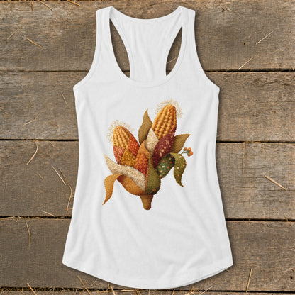 White tank top with a colorful corn stalk graphic.