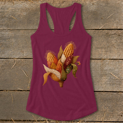 Maroon racerback tank top with an embroidered corn cob design.