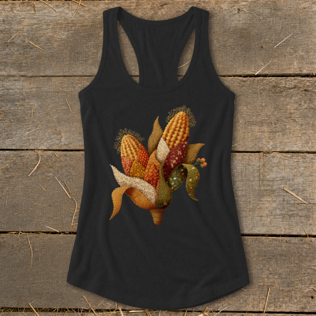 Black tank top featuring a decorative arrangement of corn husks and kernels.