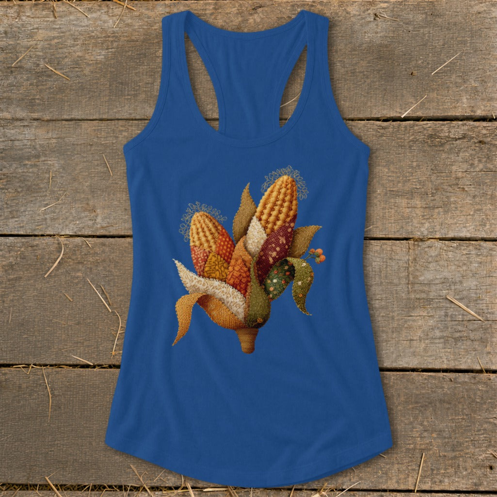 Blue tank top with embroidered cornucopia design featuring ears of corn and autumn leaves.