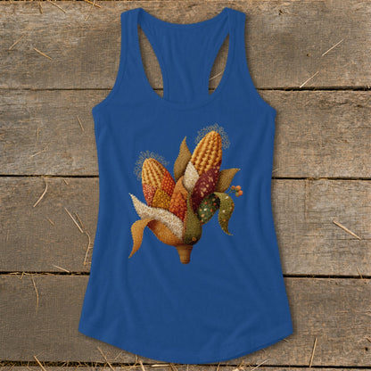 Blue tank top with embroidered cornucopia design featuring ears of corn and autumn leaves.
