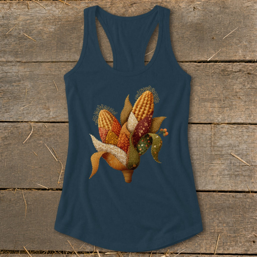 Navy tank top with colorful corn applique design on wooden background.