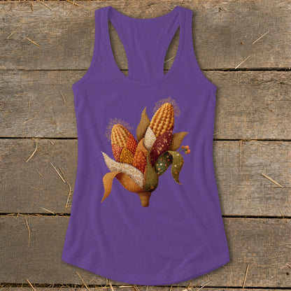 Purple tank top featuring a rustic arrangement of various corn cobs and leaves.