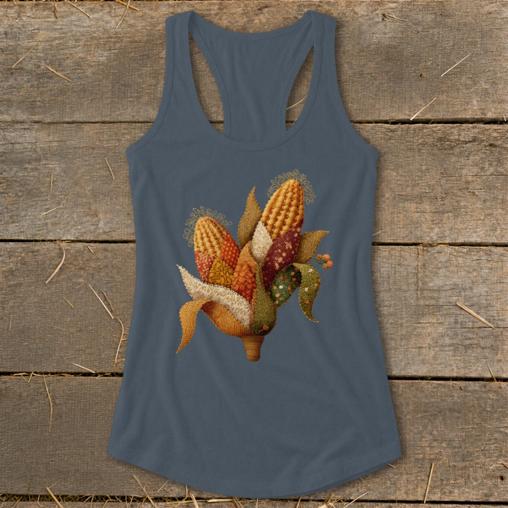 Tapestry-style corn print on a blue racerback tank top.