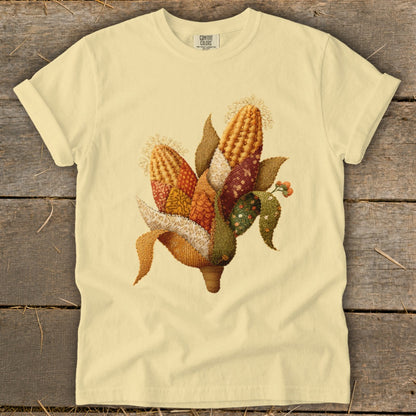Light yellow t-shirt with an embroidered cornucopia of colorful corn and leaves design.