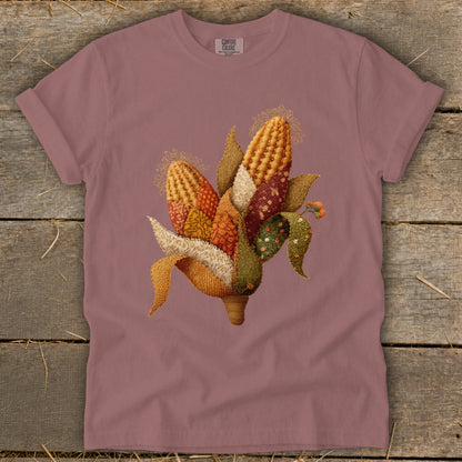 Quilted corn ears graphic on a mauve t-shirt with Comfort Colors logo.