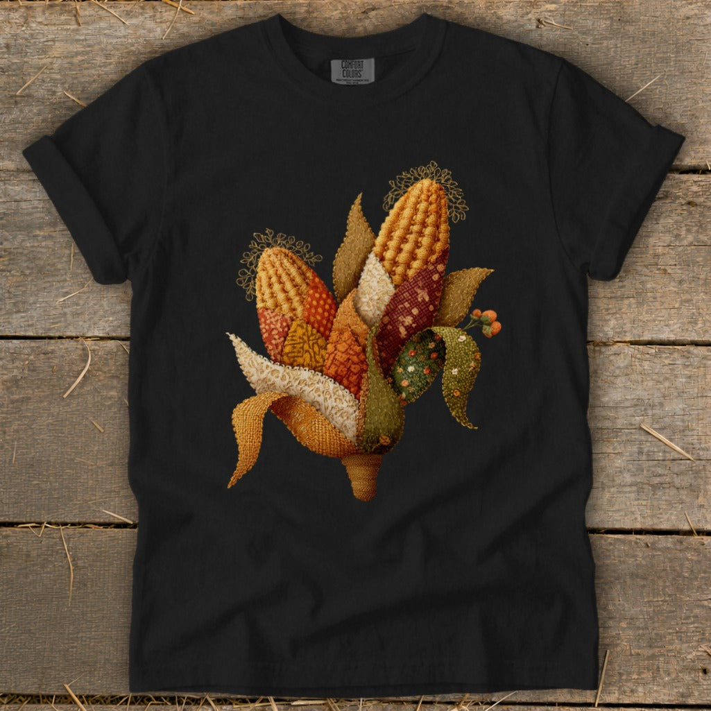 Black t-shirt with embroidered corn husks and kernels artwork.