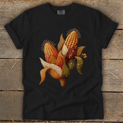 Black t-shirt with embroidered corn husks and kernels artwork.