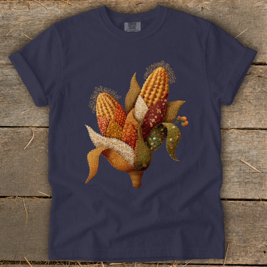 Embroidery of corn cobs with textured kernels and leaves on a navy t-shirt.