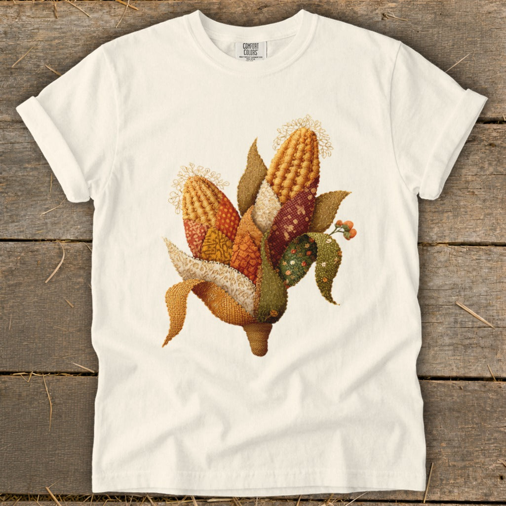 Cream t-shirt with a patchwork corn design featuring multiple ears of corn.