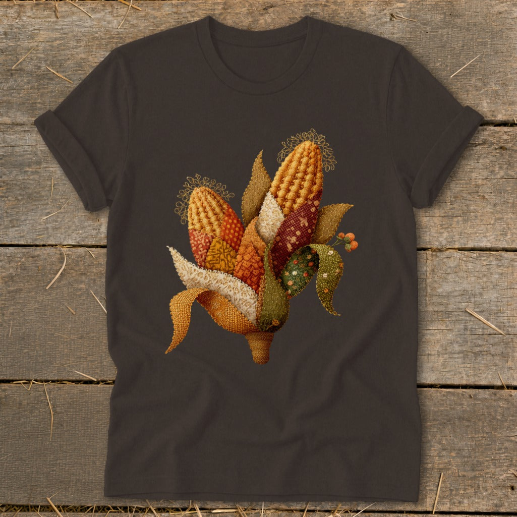 Dark gray t-shirt with embroidered corn illustration.