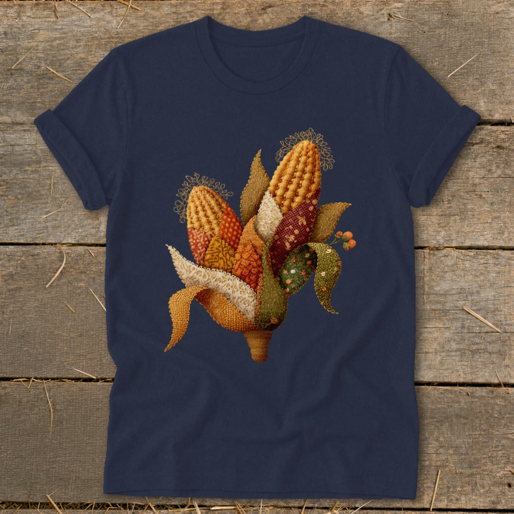 Navy t-shirt with a stylized tapestry-like cornucopia on the front.