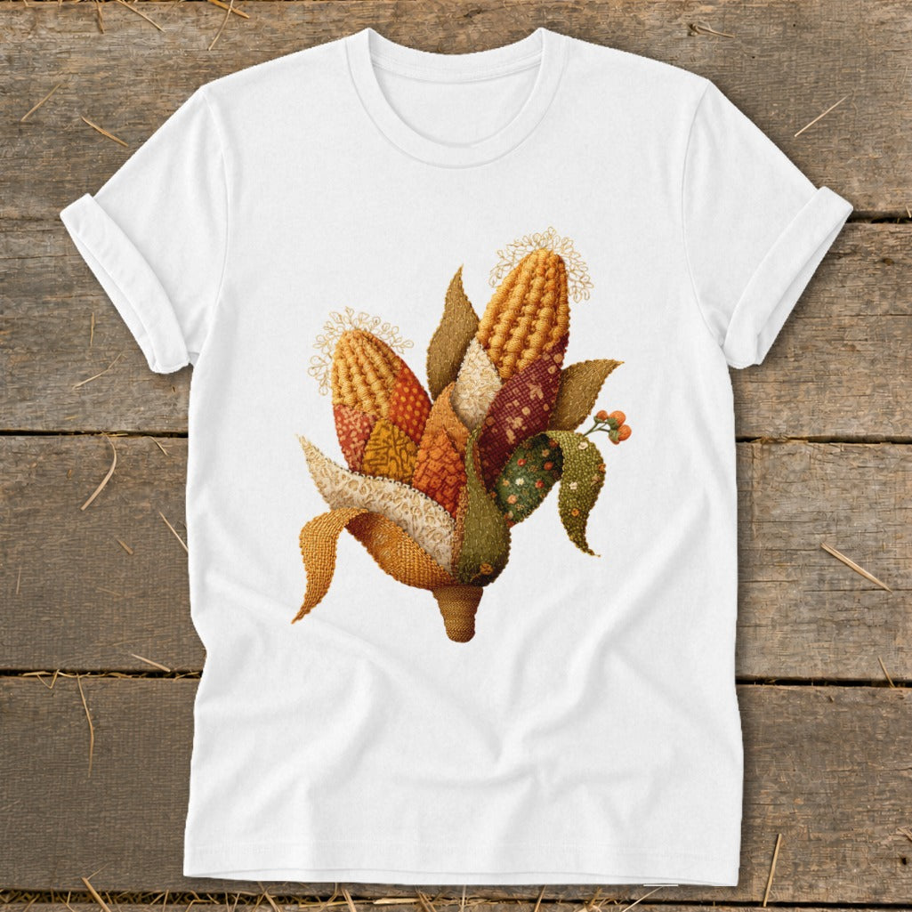 White t-shirt with a decorative autumnal corn bundle graphic.
