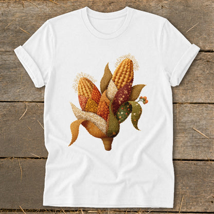 White t-shirt with a decorative autumnal corn bundle graphic.