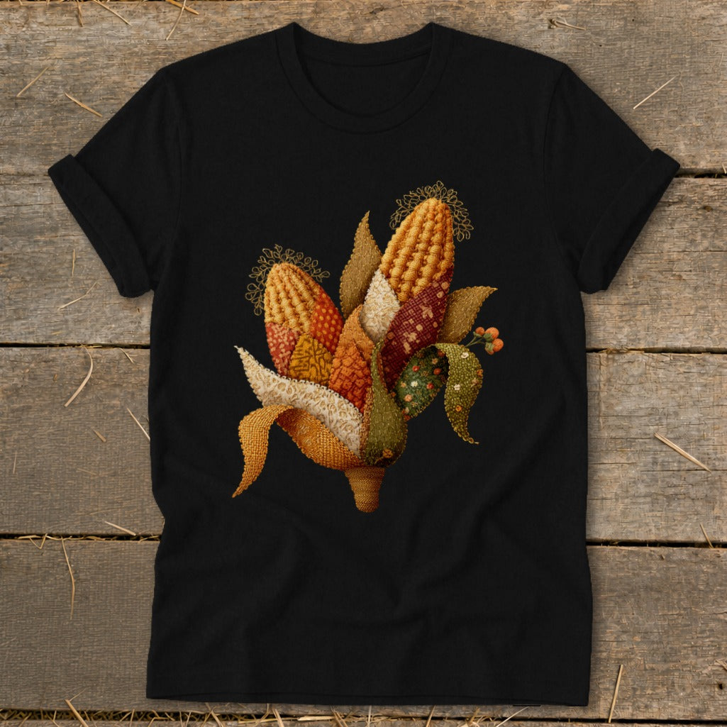Black t-shirt with quilted corn design featuring fall colors and leaves.