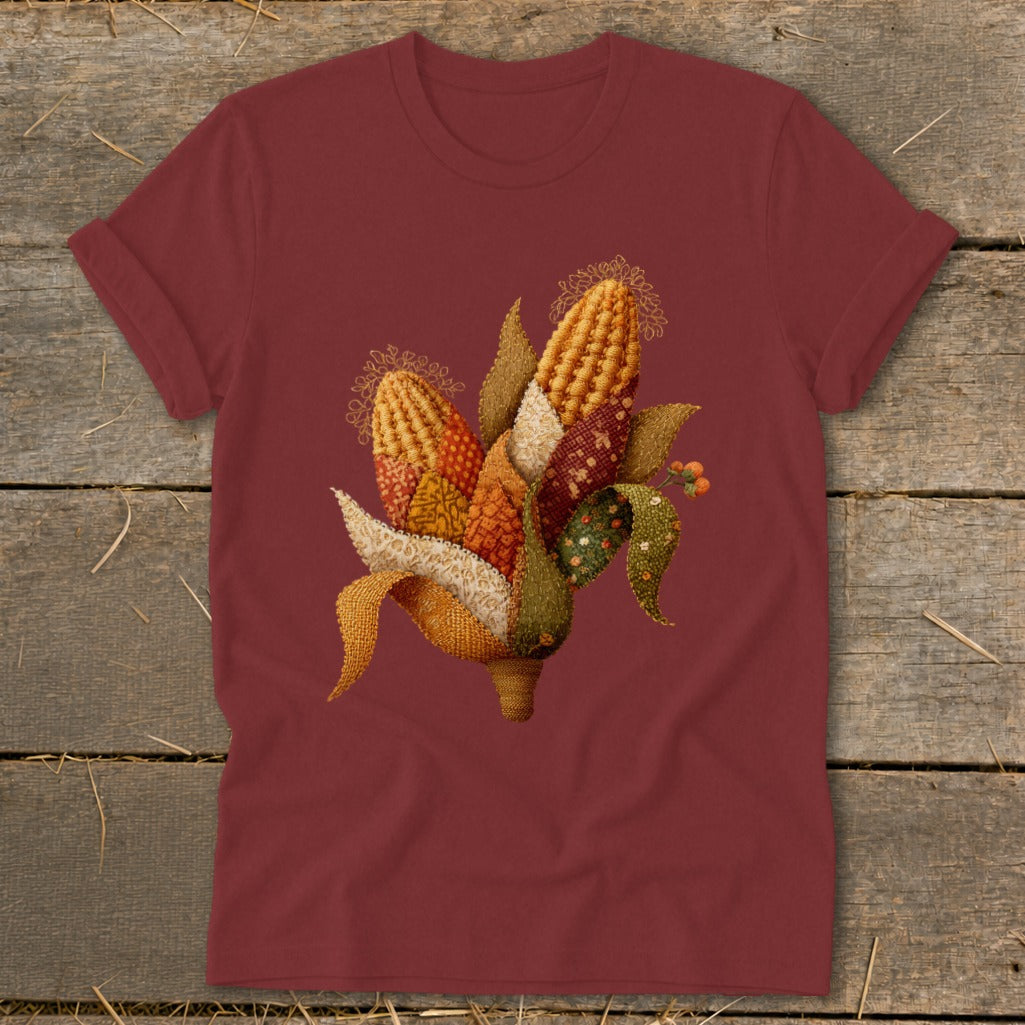 T-shirt with a patchwork corn illustration in fall colors.
