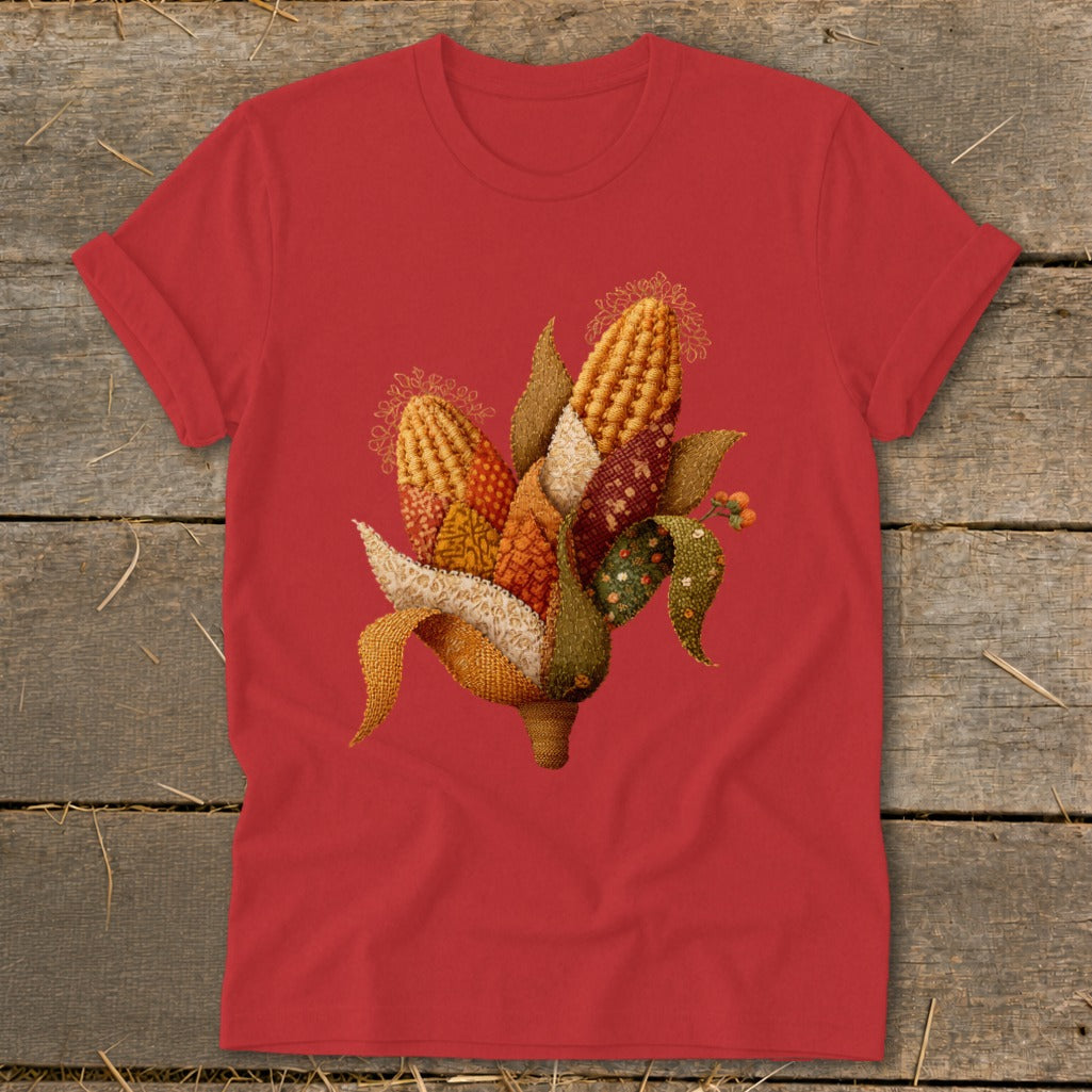 Red t-shirt with a stitched cornucopia graphic featuring multiple ears of corn.