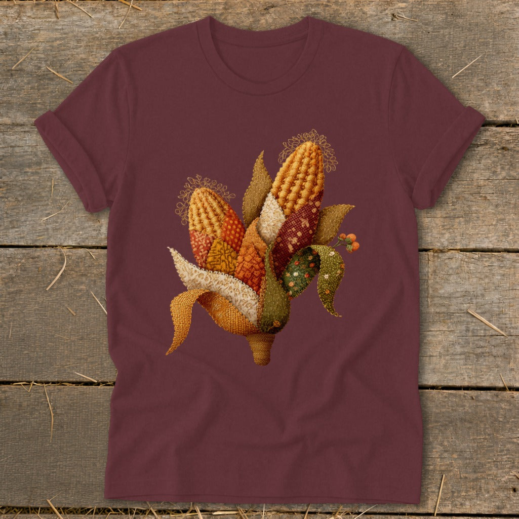 Maroon t-shirt with a stitched cornucopia illustration featuring multiple ears of corn and leaves.