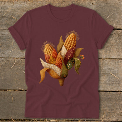 Maroon t-shirt with a stitched cornucopia illustration featuring multiple ears of corn and leaves.