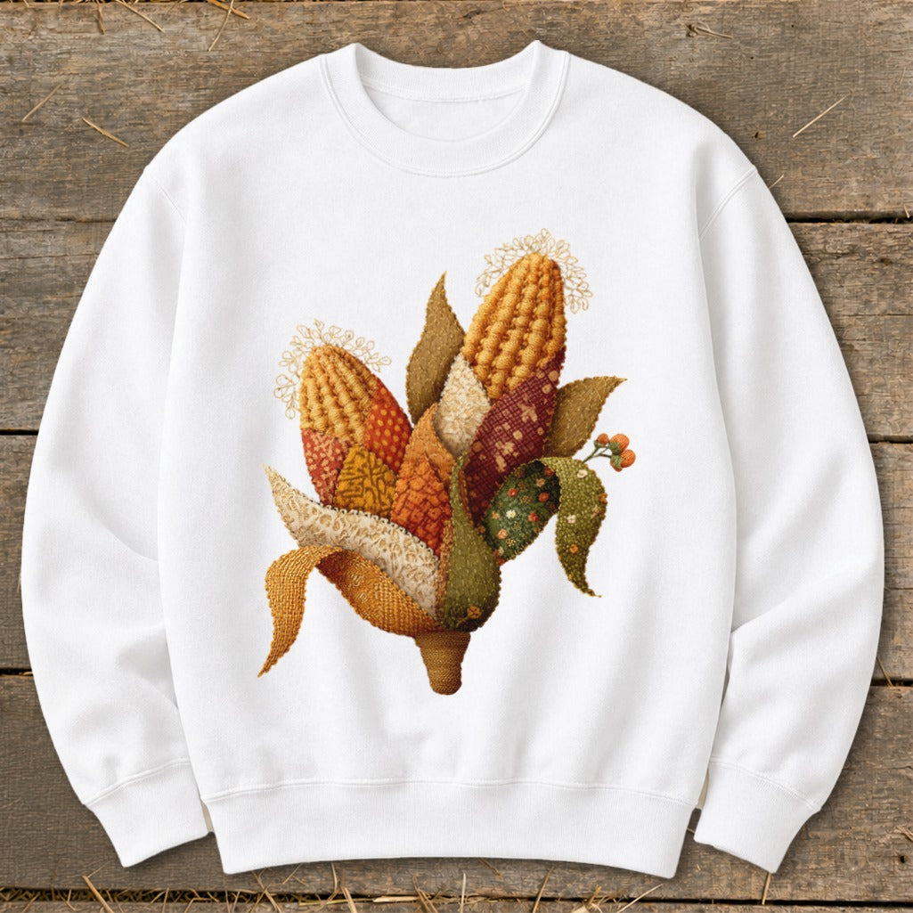 White sweatshirt with a detailed cornucopia of embroidered corn and leaves.