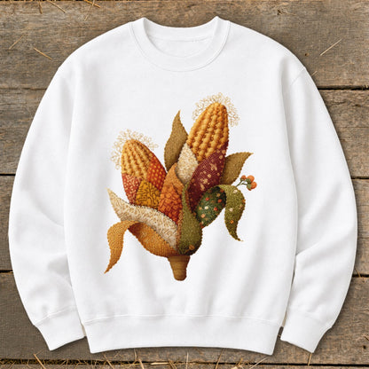 White sweatshirt with a detailed cornucopia of embroidered corn and leaves.