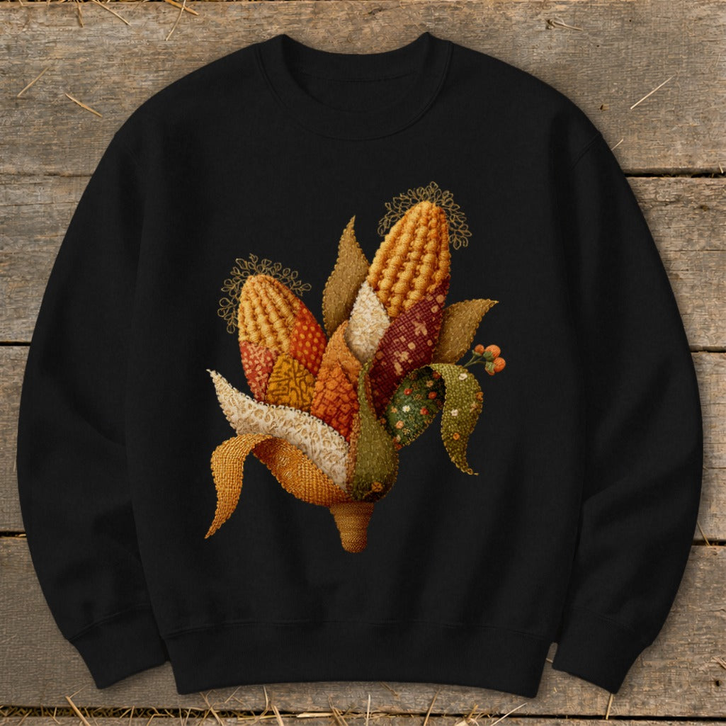 Black sweatshirt with a decorative cornucopia of fabric corn and leaves.