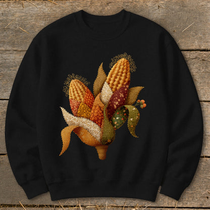 Black sweatshirt with a decorative cornucopia of fabric corn and leaves.