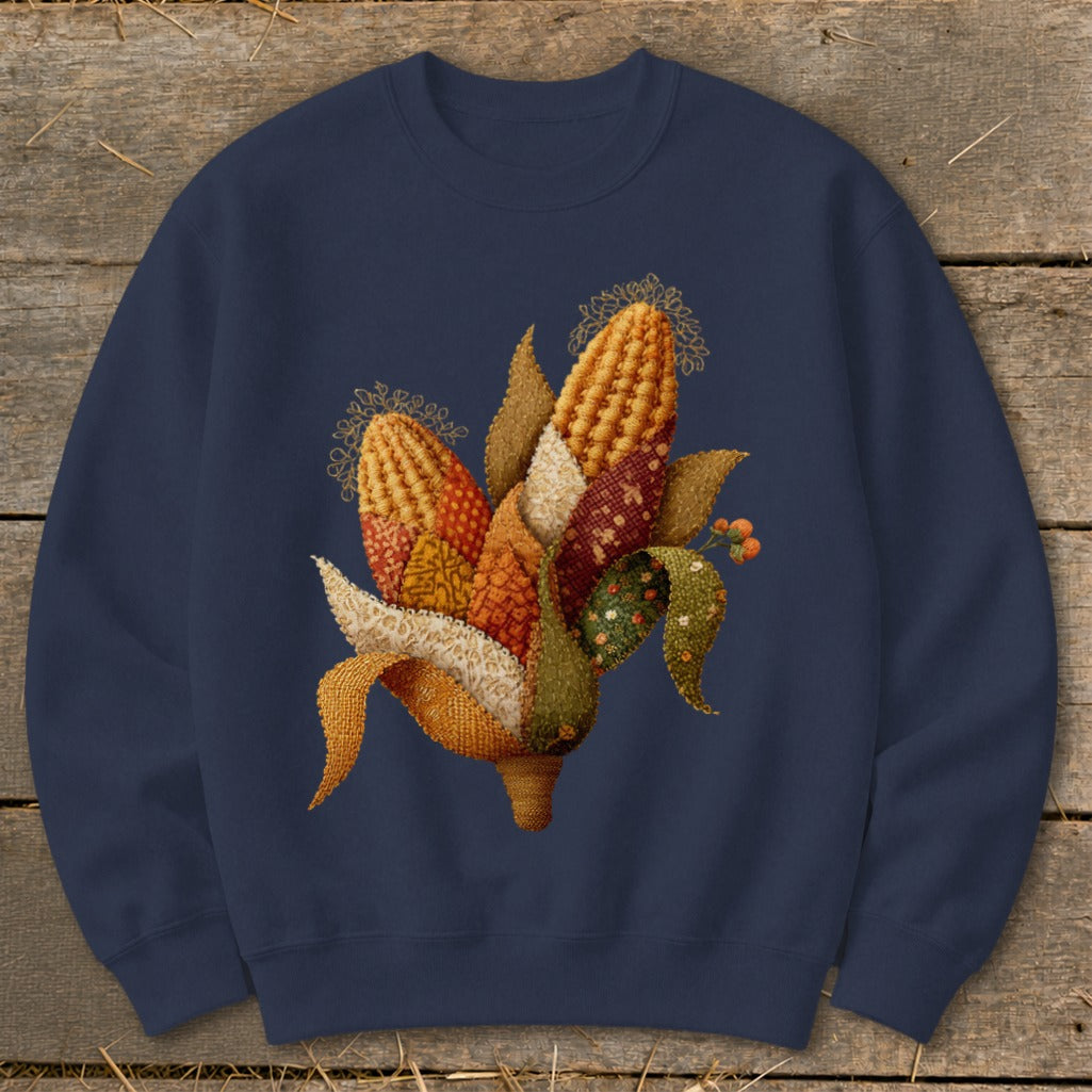 Navy sweatshirt with a detailed fabric patchwork corn cob design.