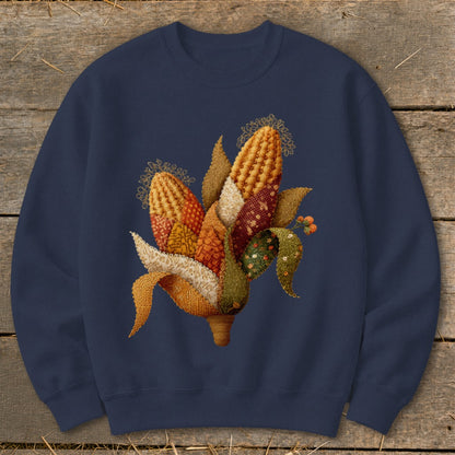Navy sweatshirt with a detailed fabric patchwork corn cob design.