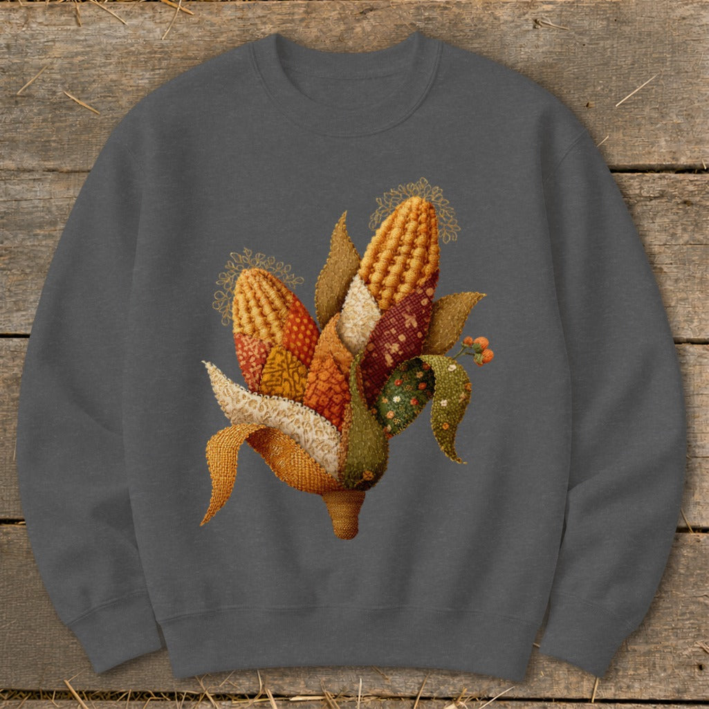 Crewneck sweatshirt with a textured corn cob and leaf graphic design.