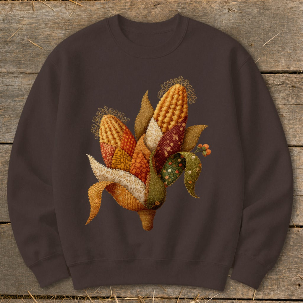 Brown sweatshirt with embroidered autumn corn design and leaves.