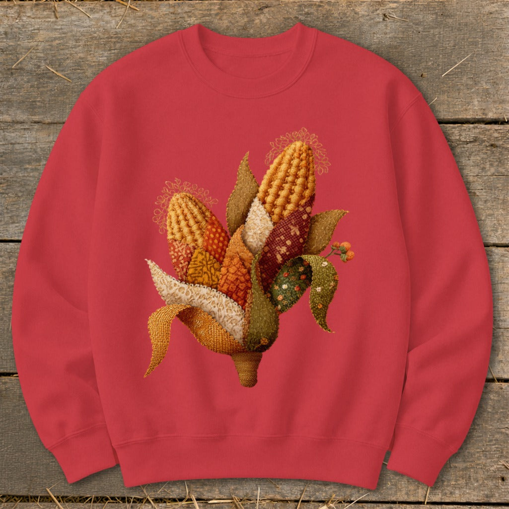 Embroidery design of dried corn cobs with leaves on a red sweatshirt.