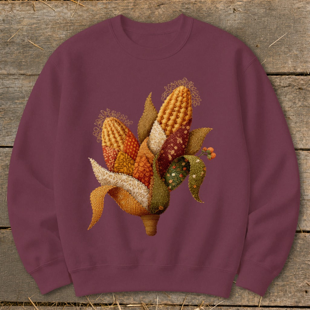 Maroon sweatshirt with a decorative arrangement of fabric corn husks and kernels.