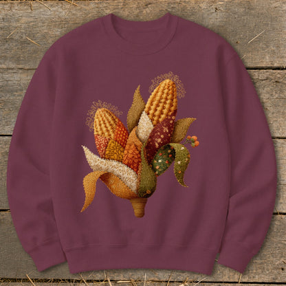 Maroon sweatshirt with a decorative arrangement of fabric corn husks and kernels.