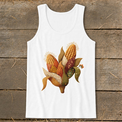 White tank top with a decorative embroidery of colorful corn ears and leaves.