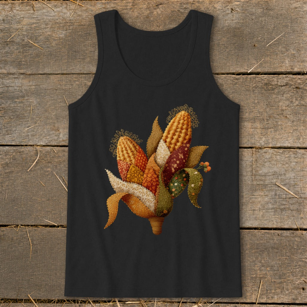Black tank top with a woven corn applique featuring autumn colors and decorative gold accents.