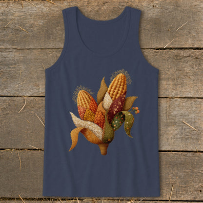 Navy tank top with embroidered autumn corn illustration.